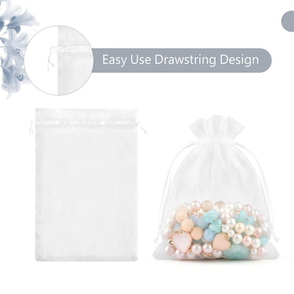 FUNFERY 100 Pcs White Organza Bags 3x4 in, Small Mesh Drawstring Gift Bags for Sachet, Jewelry, Wedding Favor, Candy Goodie Treat Bag,Easter Day