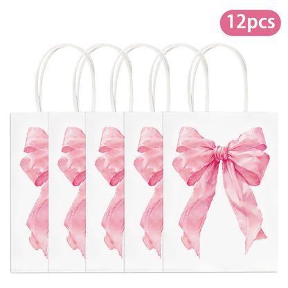 Hxezoc 12 Pieces Pink Bow Gift Bags with Handle, Paper Treat Candy Bag Girly Bow Favor Bags for Bow Theme Bachelorette Party Birthday Party Decoration Supplies