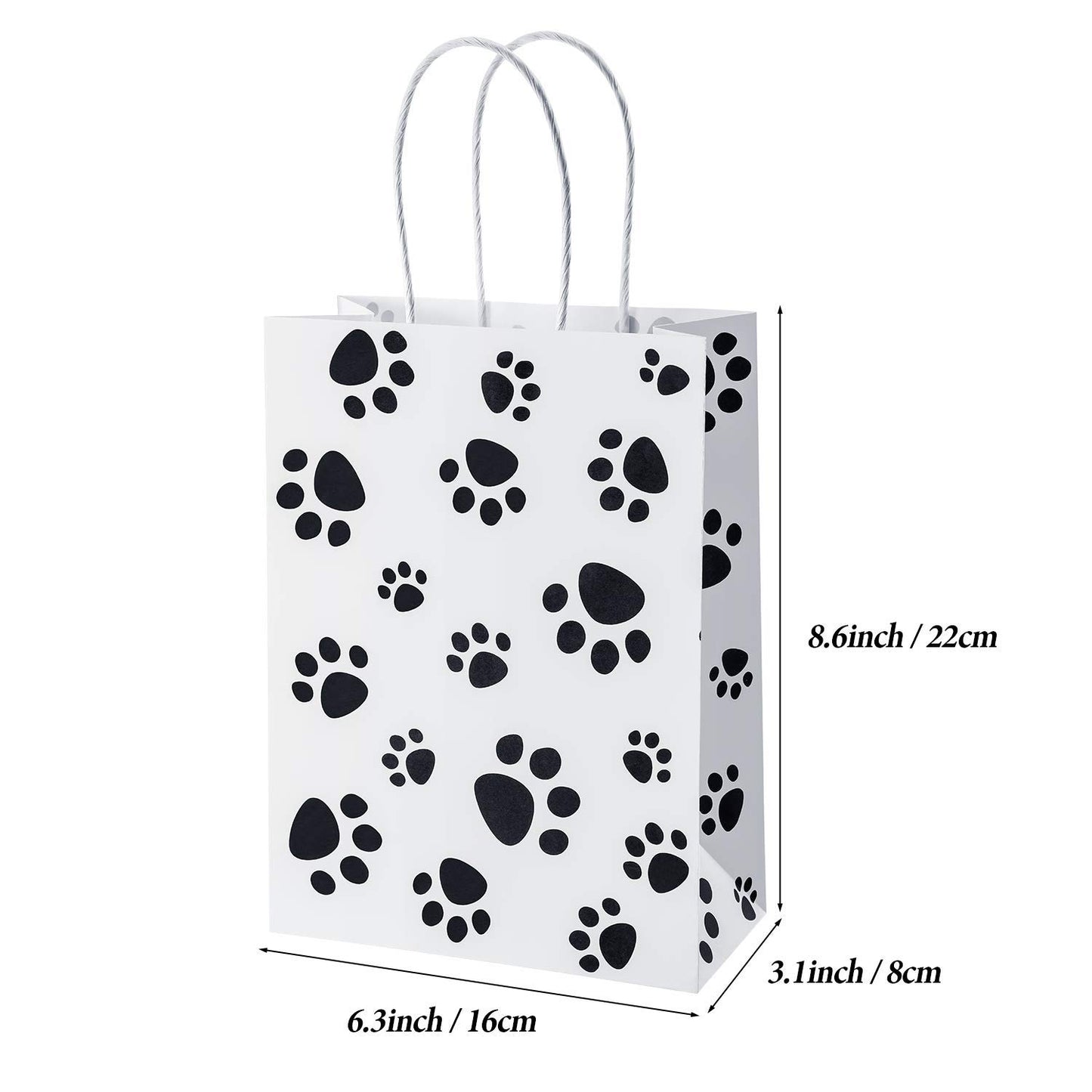 Blulu 20 Pcs Puppy Dog Paw Gift Bags with Paper Twist Handles, Dog Gift Paper Paw Treat Goodie Bags for PET Treat Party Favor, 6.3 x 3.1 x 8.6 Inch(White Backing)