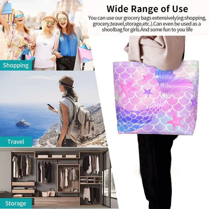 Pink Mermaid Gym Tote Bags for Women,Cute Ocean Mermaid Purse Print Shoulder Reusable Shopping Handbags Casual Travel Work Daily Waterproof Summer Grocery Bag Holiday Gifts -Large