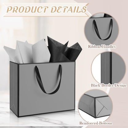 ReliThick 12 Pack Metallic Paper Gift Bag with Handles and Tissue Paper 11.8 x 10 x 4'' Thank You Favor Bag for Graduation Mother's Day Wedding Bridesmaid Groomsman 5 Senses Gifts (Gray,Black)