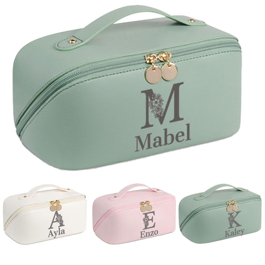 Personalized Makeup Bag for Women, Custom Travel Cosmetic Bag with Initial and Name, PU Leather, Water-Resistant, Open Flat Toiletry Bag for Bridesmaid Wedding Gift/Mothers Day Gifts (Green)