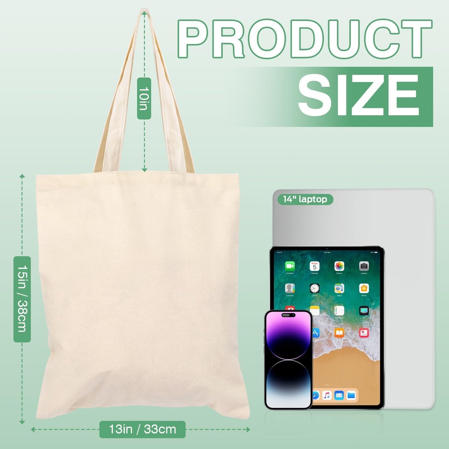 Lzerking Canvas Tote Bag Bulk for DIY Projects, 13x15 Inches Tote Bags for Grocery Shopping, 10oz Machine Washable Fabric