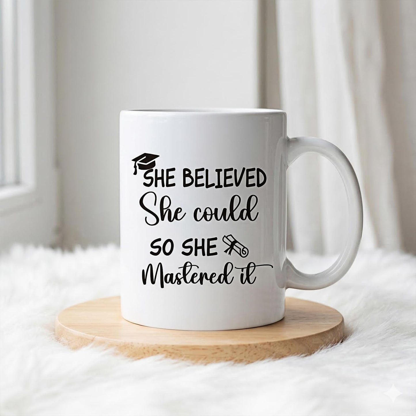 She Believed She Could So She Mastered It Mug, Masters Degree Graduation Present for Women, College Grad Coffee Cup for Daughter Sister Friend, Ceramic Mug 11oz