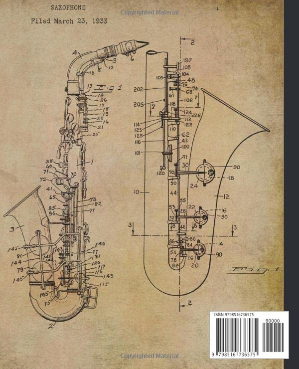 composition notebook: Vintage saxophone college ruled notebook. Patent blueprint diagram design. jazz lover or sax player gifts.