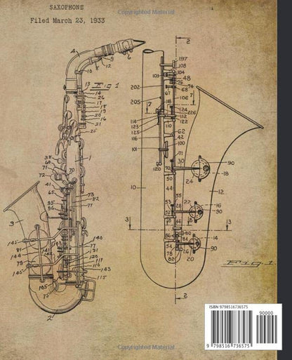 composition notebook: Vintage saxophone college ruled notebook. Patent blueprint diagram design. jazz lover or sax player gifts.