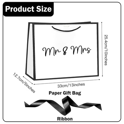 Loveinside 13" Large Wedding Gift Bag, White & Black Mr. & Mrs. Elegant Script Design Party Bag with Bow Ribbon for Couple, Wedding, Bridal Shower, Engagement, Newlywed Gift, 13" x 5" x 10", 1 Pcs