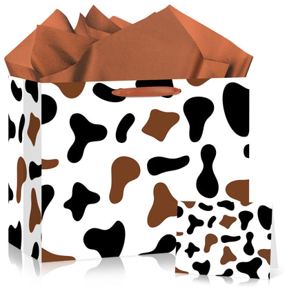 Large Brown Cow Print Gift Bag with Tissue Paper and Card Cow Party Favors Bag Brown Farm Animal Goodie Bags Cowboy Paper Bags for Cowboy Cowgirl Theme Birthday Party Wedding Shower Supplies