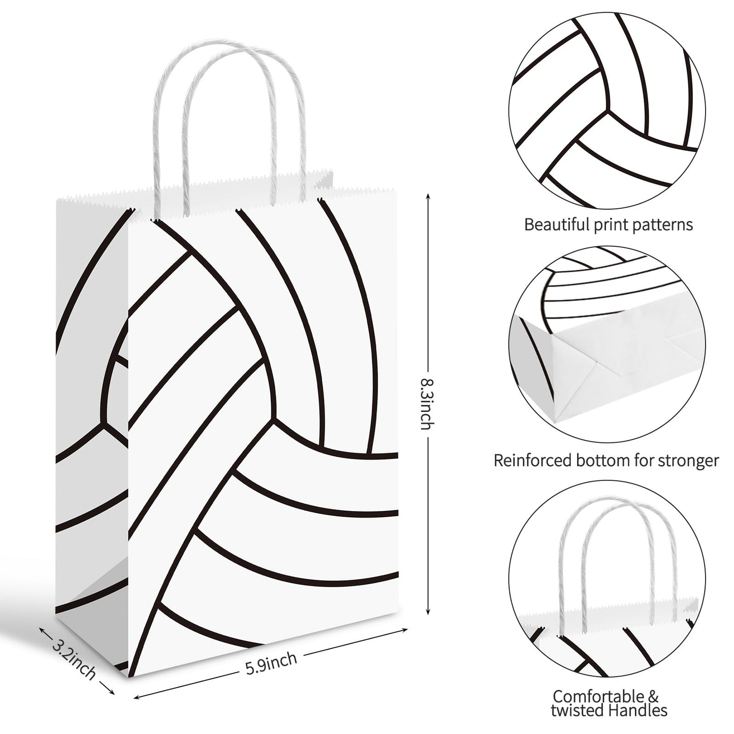 YE 12 PCS Volleyball Gift Bags for Team Volleyball Party Favor Snack Goody Treat Bag with Handle Volleyball Paper Bag Kraft Candy Bags for Sport Theme Birthday Party Decor
