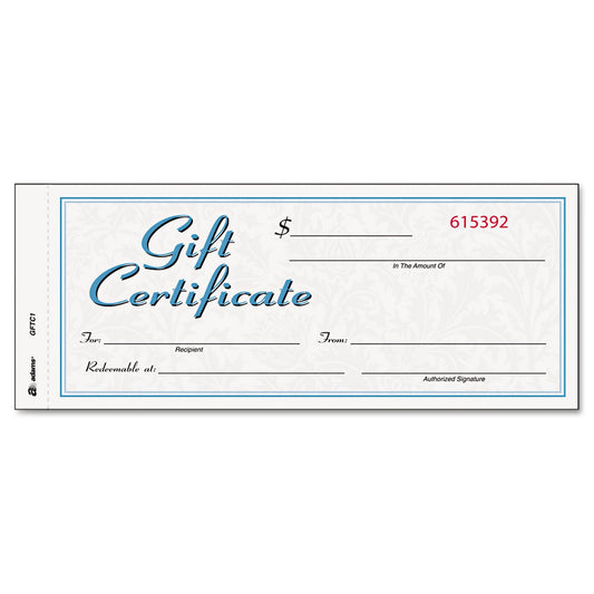 Adams Gift Certificate Book, Carbonless, Single Paper, 3.4 x 8 Inches, White/Canary, 2-Part, 25 Numbered Certificates Plus Store Sign (GFTC1)