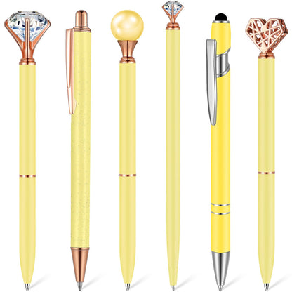 Qeeenar 6 Pcs Ballpoint Pens Set Metal Crystal Diamond Pen for Journaling Glitter Pretty Cute Stationery Black Ink Fancy Gifts for Women Girls Teacher Office Wedding School Supplies(Yellow)