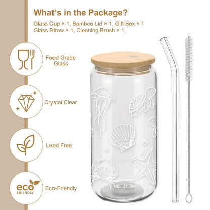 Mikopei Beach Gifts for Women - Ocean Animals Glass Cup with Lid and Straw, Cleaning Brush, Beach Room Decor, Coastal Decor for Home, Beachy Decorations, Iced Coffee Cup Tumbler, 16 oz
