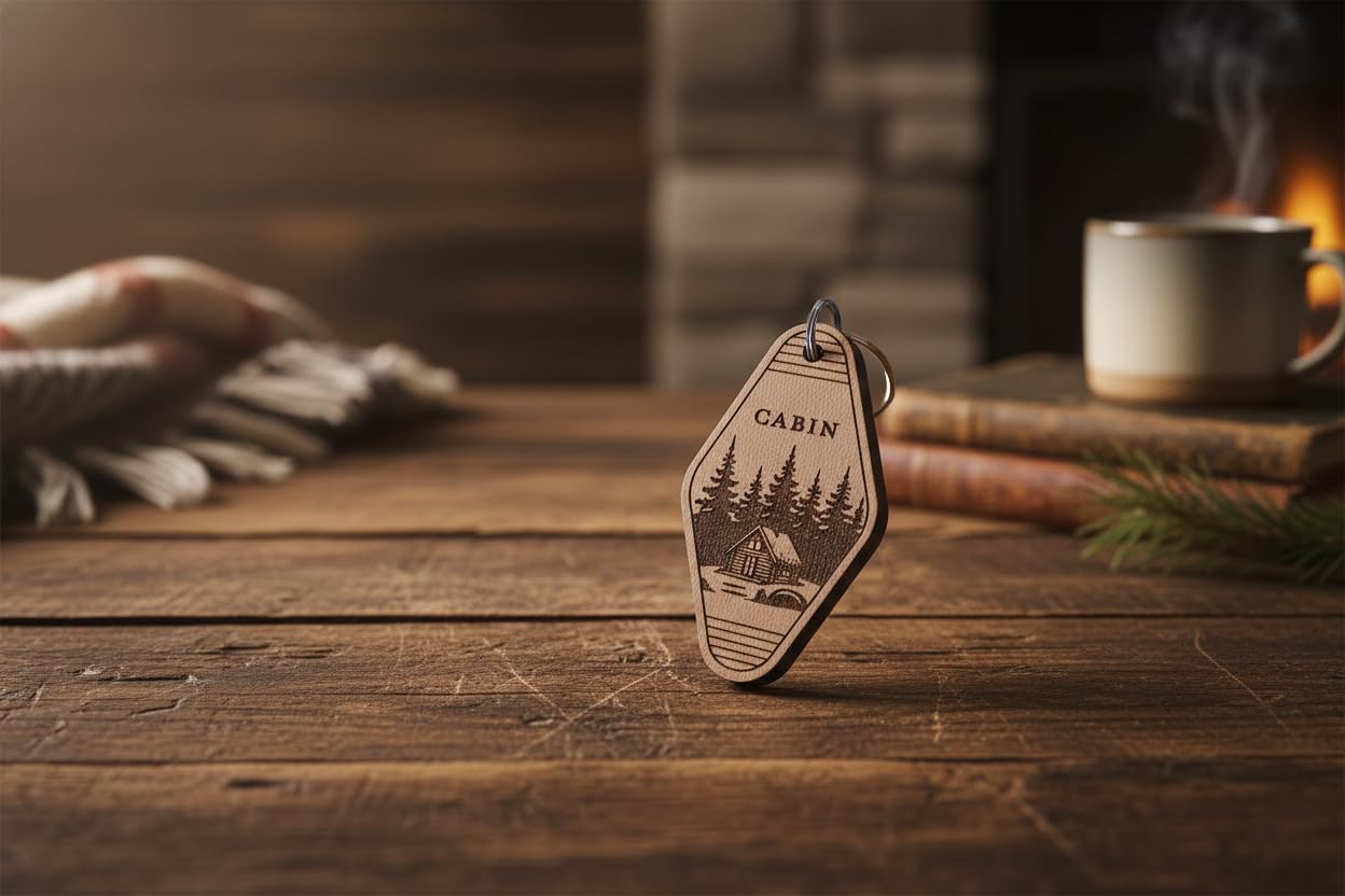 (2 Pack) Cabin Keychain – Double-Sided Laser Engraved – Real Wood – Rustic Cabin Gift