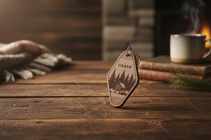 (2 Pack) Cabin Keychain – Double-Sided Laser Engraved – Real Wood – Rustic Cabin Gift