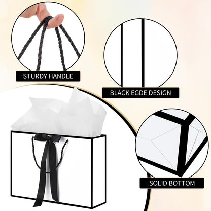 woric White Gift Bags with Handles, 14" Medium Gift Bag with Tissue Paper, 2 Pcs Gift Bags with 4 Tissue Paper and 2 Cards for Graduation Father's Day Wedding Bridal Shower Birthday Party
