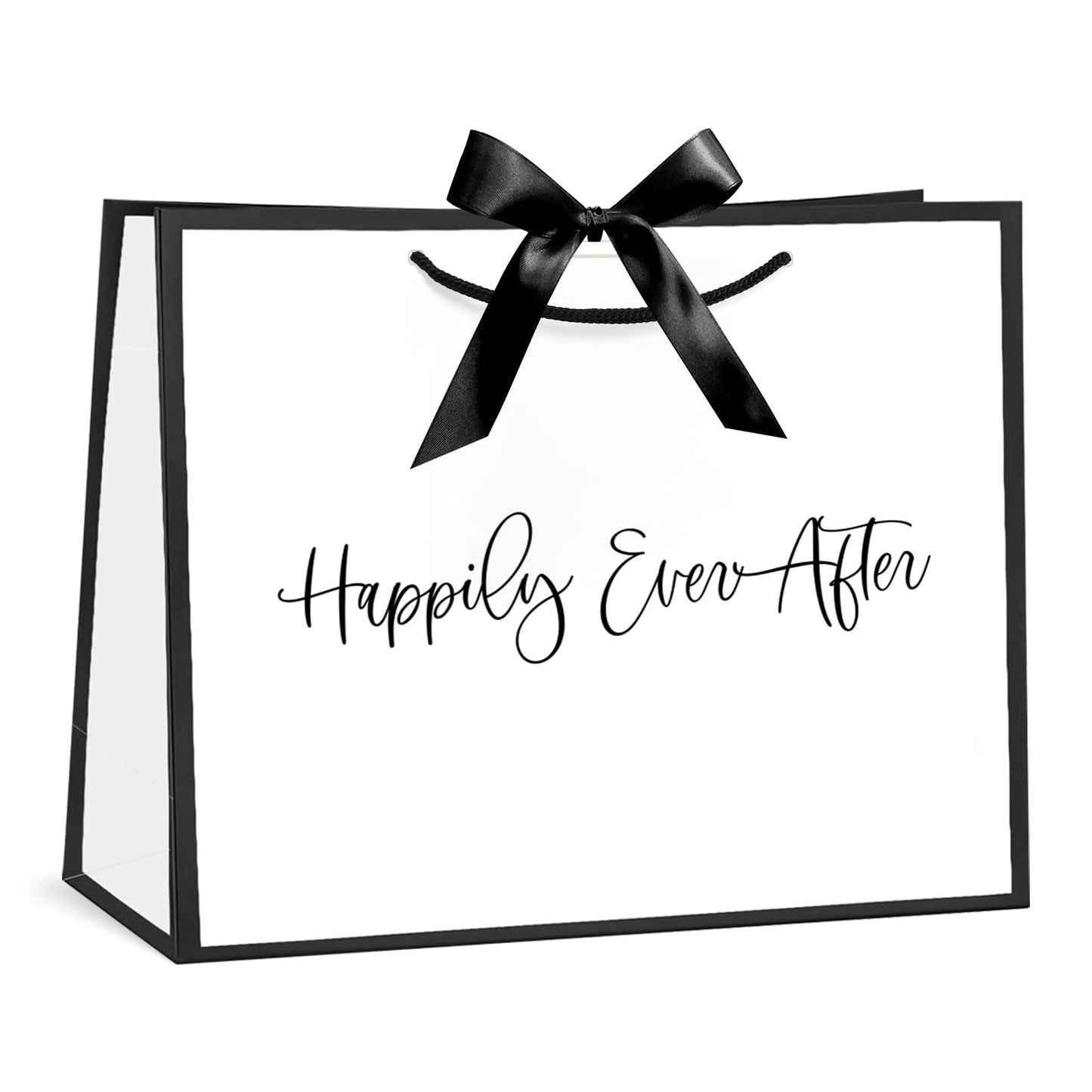 Loveinside 13" Large Wedding Gift Bag, White & Black Happily Ever After Elegant Script Design Party Bag with Bow Ribbon for Wedding, Bridal Shower, Engagement, Newlywed Gift, 13" x 5" x 10", 1 Pcs