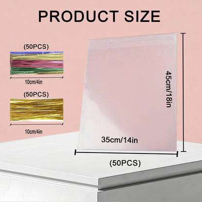 50 pieces 14x18 inch Cellophane Wrap Cello Cellophane Treat Bags Clear Flat for party gift wrapping, bakery, cookies, candies, desserts, basket wrapping with colorful twist ties