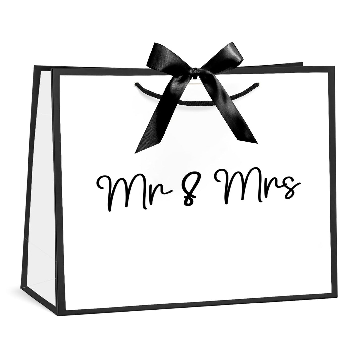 Loveinside 13" Large Wedding Gift Bag, White & Black Mr. & Mrs. Elegant Script Design Party Bag with Bow Ribbon for Couple, Wedding, Bridal Shower, Engagement, Newlywed Gift, 13" x 5" x 10", 1 Pcs