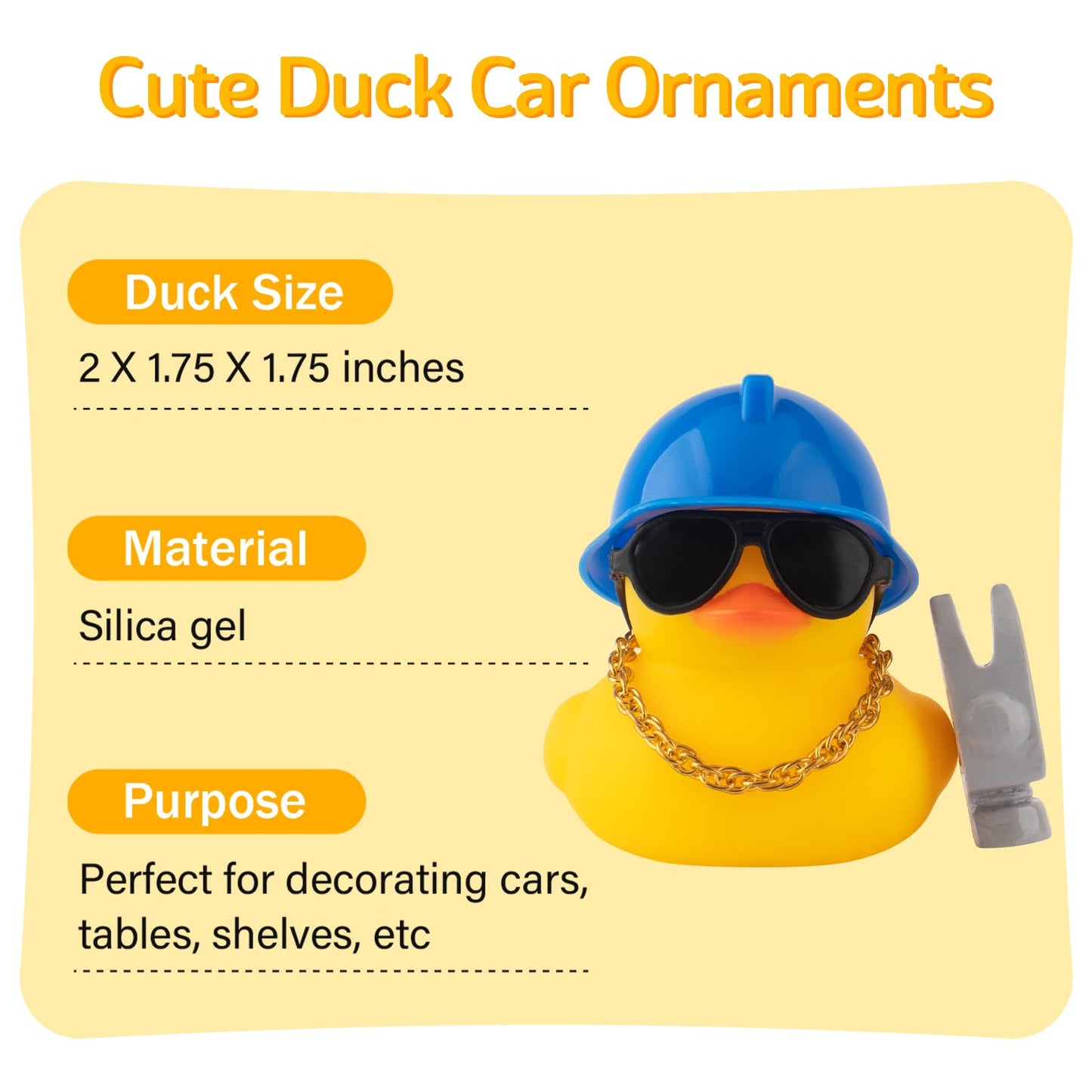 wonuu Car Dashboard Decorations Rubber Ducks, Construction Builder Rubber Ducky for Car Ornament Cute Duck with Tool, Hard Hat, Glasses, Necklace (Hammer)