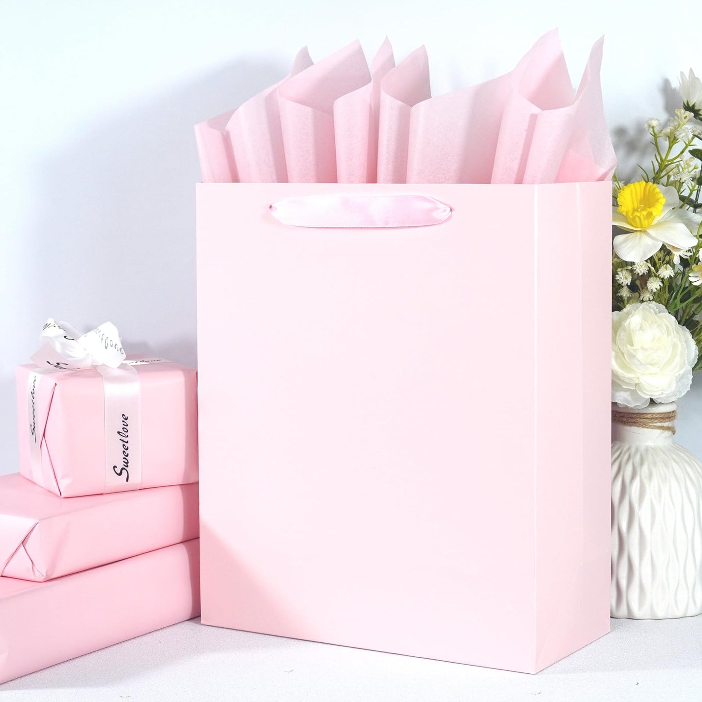 Elegant Pink Gift Bag 10.2"x4.7"x12.2" with Ribbon Handles, Includes Card and Tissue Papers, Perfect for Birthdays, Weddings, Parties, Holidays, Baby Shower