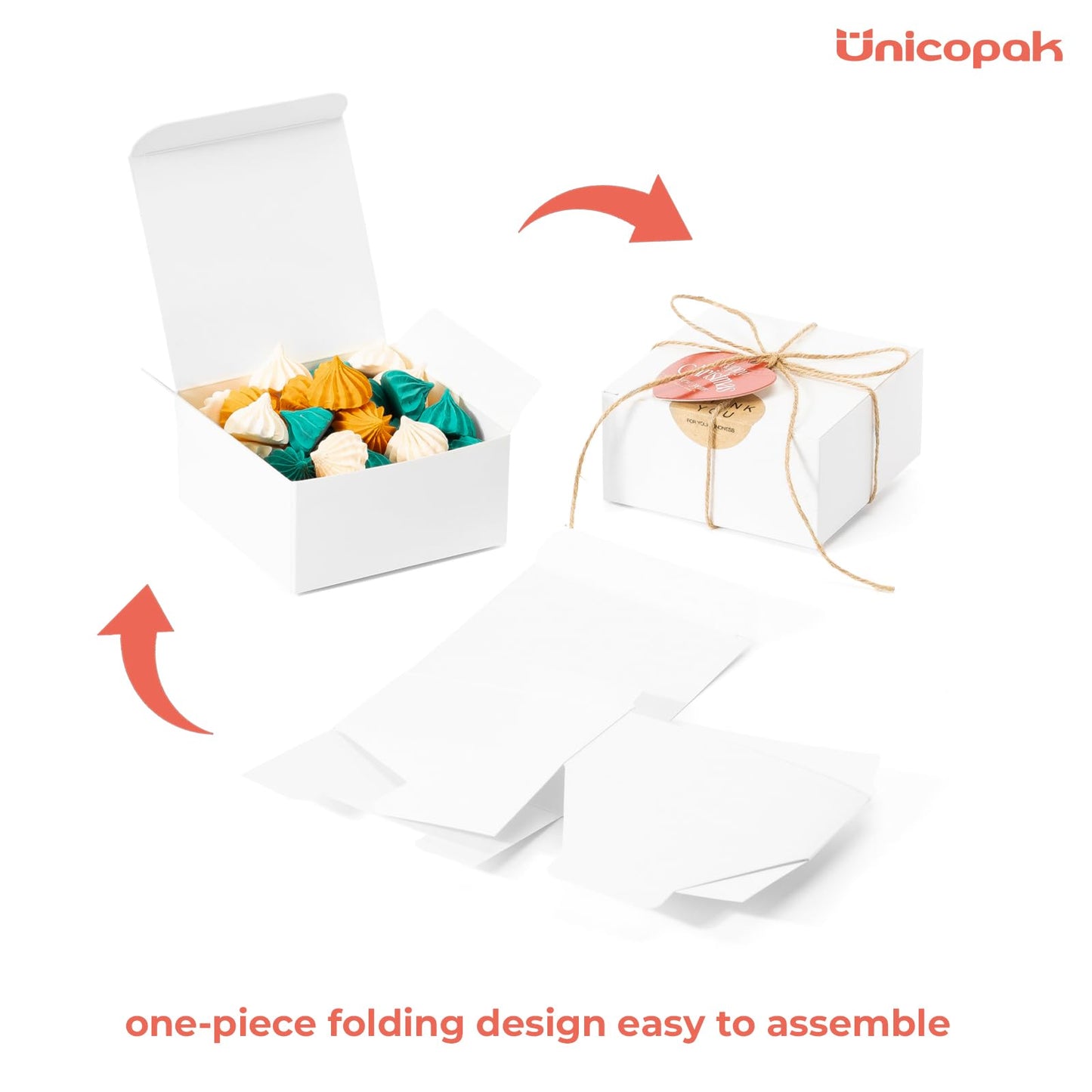 UnicoPak 20 Pack 4x4x2 White Small Gift Boxes - Food Grade Cardboard Treat Boxes for Candy, Fudge, Cookies - Small Square Boxes for Ornaments, Jewelry Trinkets, Party Favors, Small Business Packaging