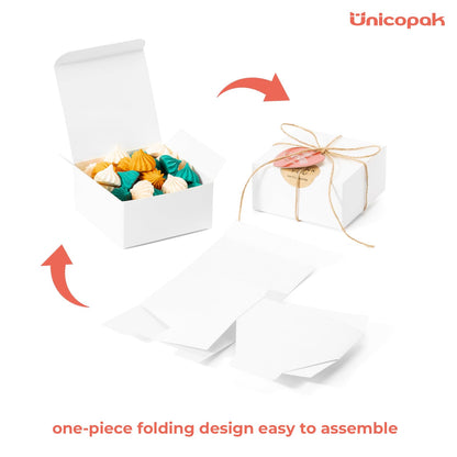 UnicoPak 20 Pack 4x4x2 White Small Gift Boxes - Food Grade Cardboard Treat Boxes for Candy, Fudge, Cookies - Small Square Boxes for Ornaments, Jewelry Trinkets, Party Favors, Small Business Packaging