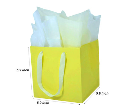 JUNESHE 2 Pack Small Square Gift Bags with Handles & Tissue Paper, 5.9 inch Yellow Paper Bag for Birthday Party Favors Baby Bridal Shower Presents Wedding Anniversary