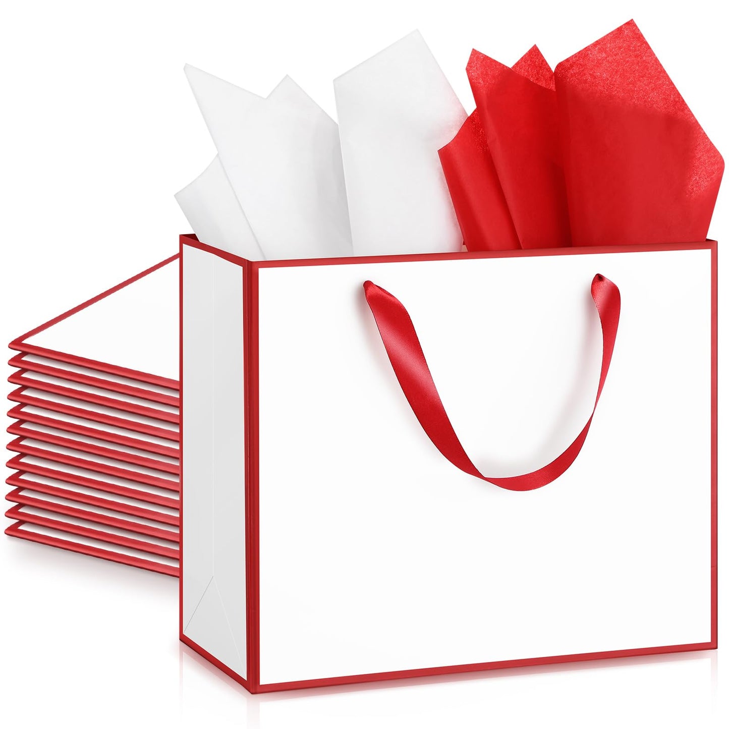 ReliThick 12 Pack Metallic Paper Gift Bag with Handles and Tissue Paper 11.8 x 10 x 4'' Thank You Favor Bag for Graduation Mother's Day Wedding Bridesmaid Groomsman 5 Senses Gifts (White,Red)