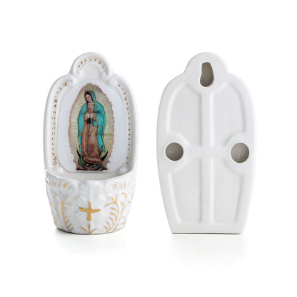 KOMI Porcelain Catholic Holy Water Font Our Lady of Guadalupe Holy Water Font for Entrance of Home Church Wall Hanging Decor Gift for First Communion Confirmation Housewarming Catholic