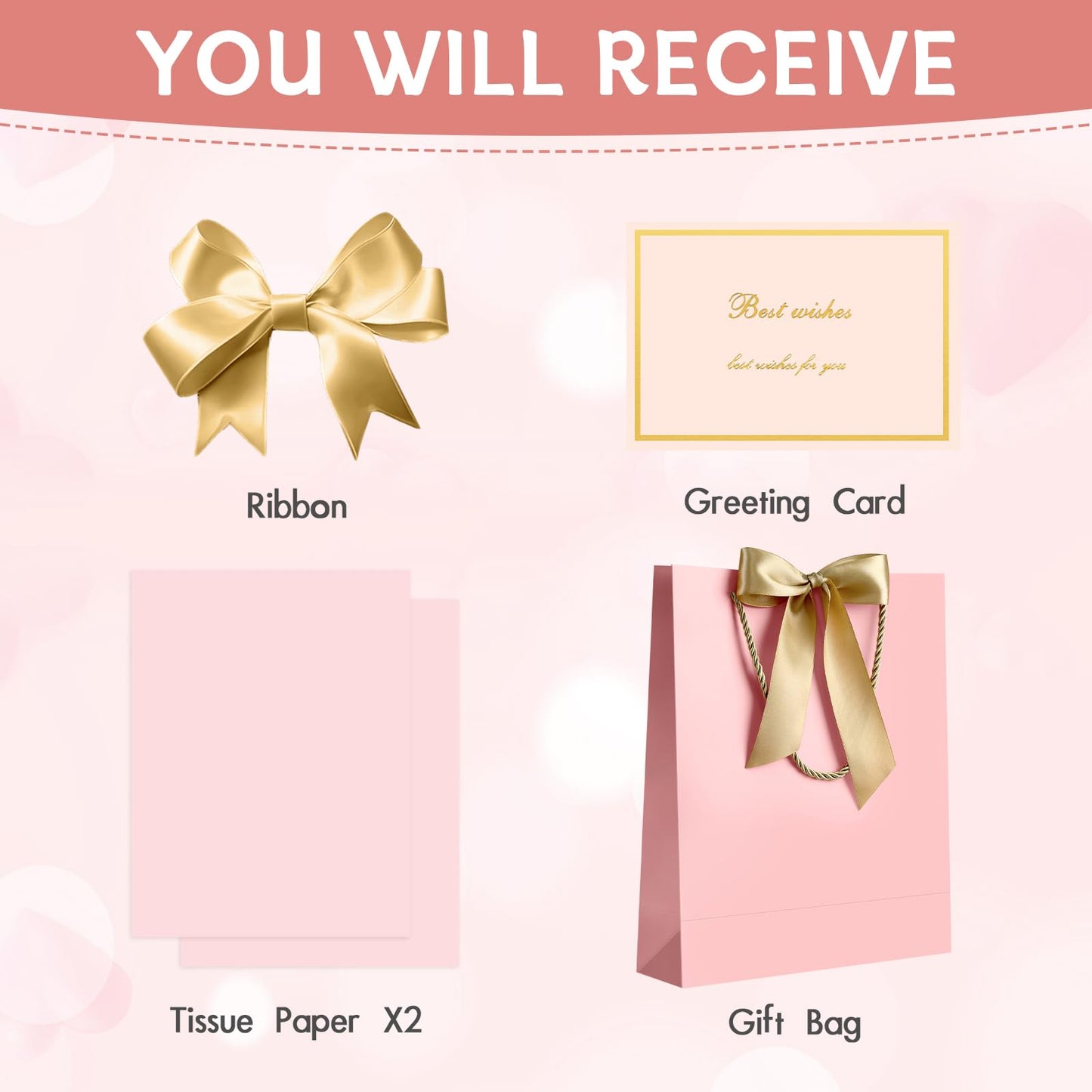 YoungTree Pink Gift Bags with Handles, 13" Medium Gift Bag with 2 Tissue Paper and 1 Card, Present Bag for Graduation Wedding Baby Shower Bridal Shower Birthday Party Supplies