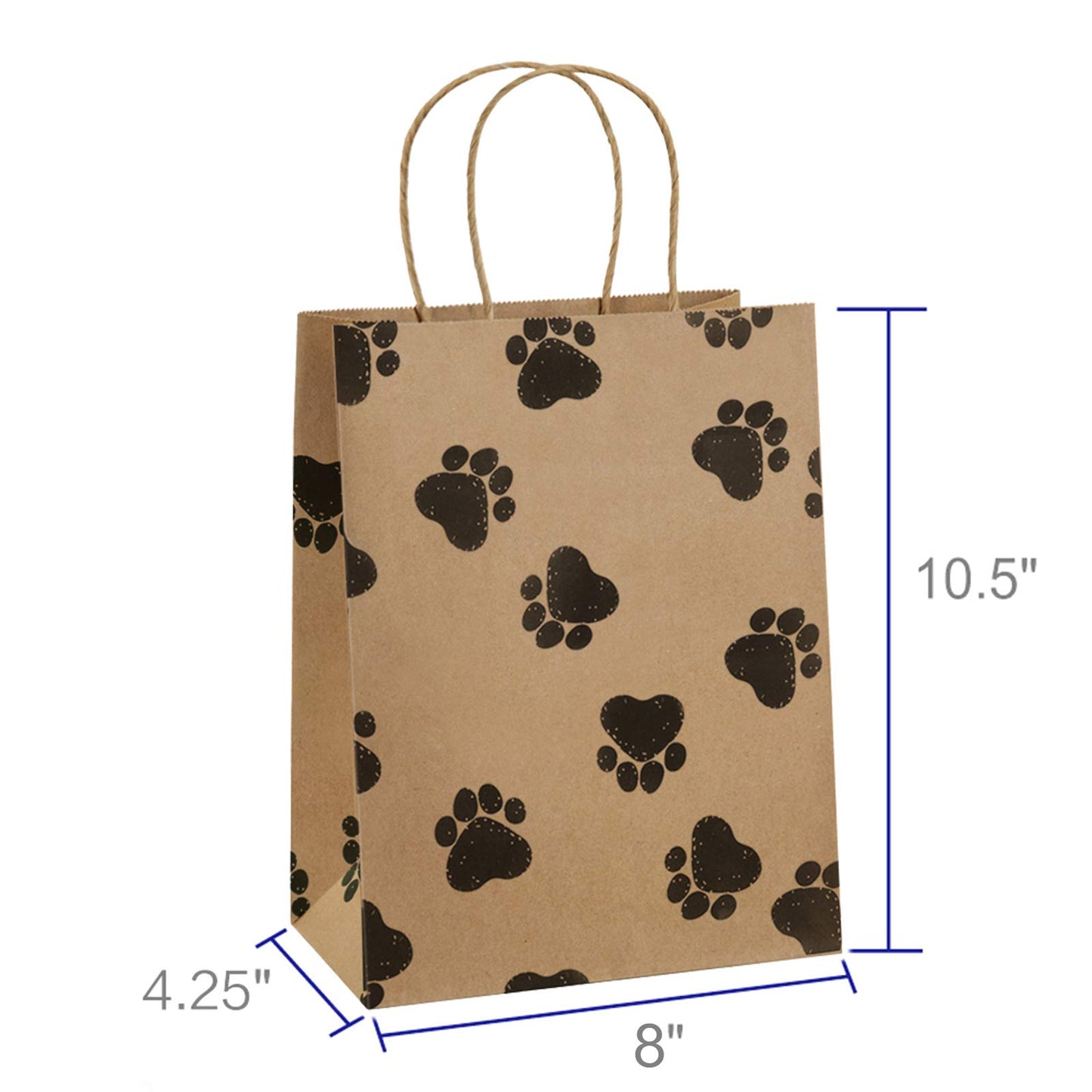 BagDream Brown Gift Bags 8x4.25x10.5 25Pcs Kraft Paper Gift Bags with Handles, Paw Prints Paper Sacks for Animal Party Favor, Retail, Grocery, Dog's Puppy's Paw