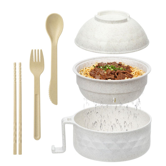 Ramen Bowl Set,Microwave Ramen Cooker Instant Noodles Bowl with Chopsticks Spoon,Rapid Ramen Noodle Bowl, Portable Noodle Bowls,for Home Office Dorm Room College gift(Beige)
