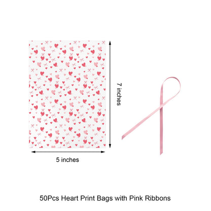 EKAPACKAGING 50Pcs 5x7 Inches Cellophane Treat Bags with Pink Ribbons, Pink Heart Pattern Gift Bags, Small Valentine's Day Goodie Bags for Candy, Marshmallow Pops, Cake Pops, Party Favors