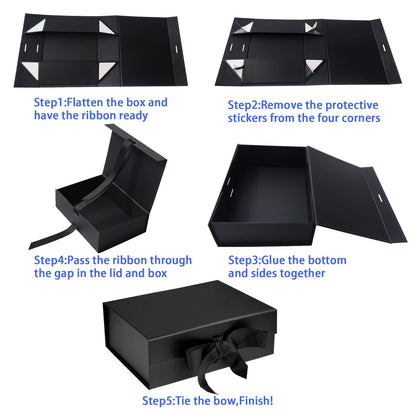 RUIFYRAY Black Luxury Magnetic Gift Box with Lid, Ribbons and Gift Bag, Medium Size-9.4x7x3 Inches, Great for Christmas, New Year, Wedding, Birthdays, Man