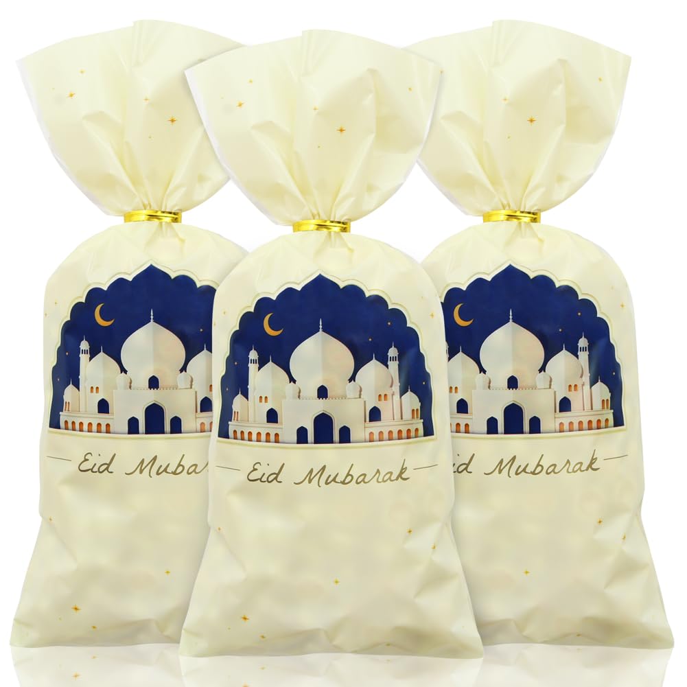 Eid Cellophane Treat Bags 50 PCS,Ramadan Mubarak Plastic Candy Bags with Twist Ties,Eid Moon Castle Gift Bags Party Favor Bags For Islamic Muslim Eid Mubarak Party