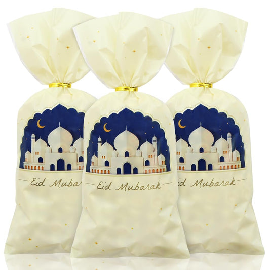 Eid Cellophane Treat Bags 50 PCS,Ramadan Mubarak Plastic Candy Bags with Twist Ties,Eid Moon Castle Gift Bags Party Favor Bags For Islamic Muslim Eid Mubarak Party