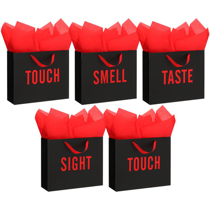 Kolldenn 5 Senses Gift Bags for Him and Her Five Senses Gift Bag with Ribbon Handles and Tissue Paper Present Wrappings for Valentine Wedding Birthday Mothers Day (Black Red,11.8 x 10 x 4 Inch)