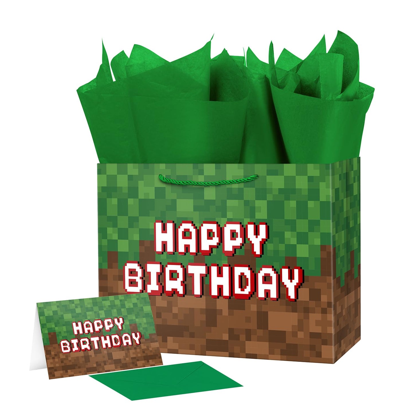 Ranfashiong 13" Large Pixel Theme Birthday Boys Gift Bag with Tissue Paper and Card for Kids, Men Party Supplies (Green)