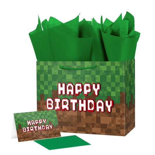Ranfashiong 13" Large Pixel Theme Birthday Boys Gift Bag with Tissue Paper and Card for Kids, Men Party Supplies (Green)