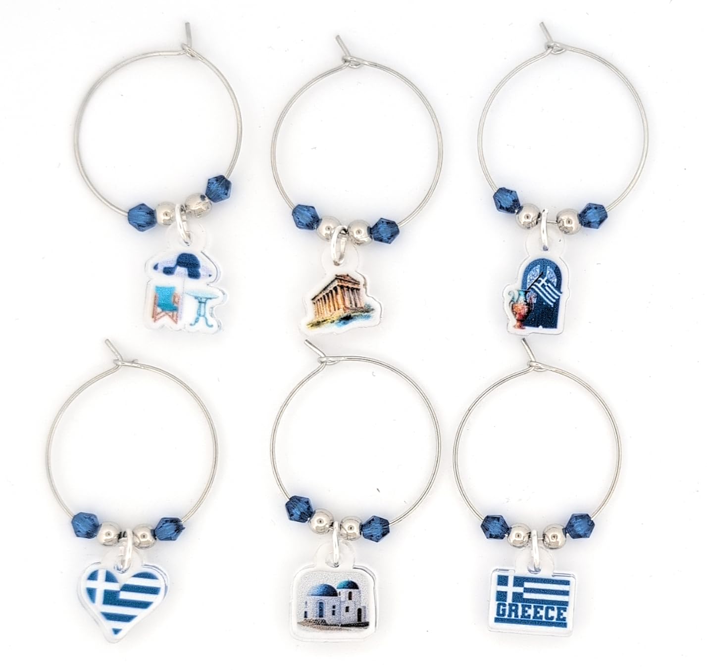 Pixie Greece Wine Glass Charms, Greek Gift 6 Piece Set – Santorini & Parthenon Glass Tag Identifiers, Greek Flag, Greece Theme Party Favors - Acrylic