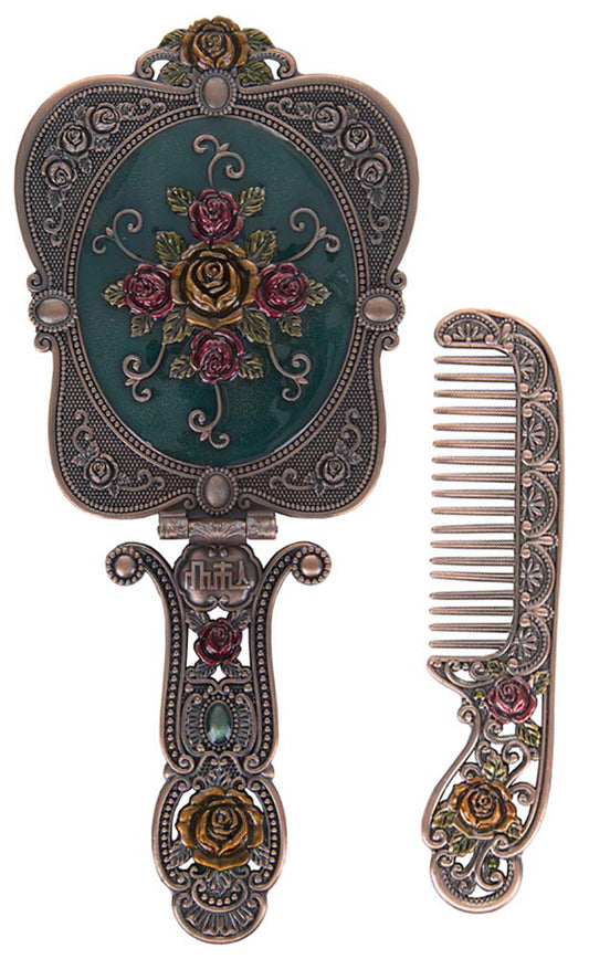 Nerien Antique Mirror Comb Set Vintage Metal Handheld Makeup Mirror with a Comb Russian Style Embossed Rose Hand Mirror Travel Portable Foldable Mirrors Decorative Tabletop Stand Mirrors Copper