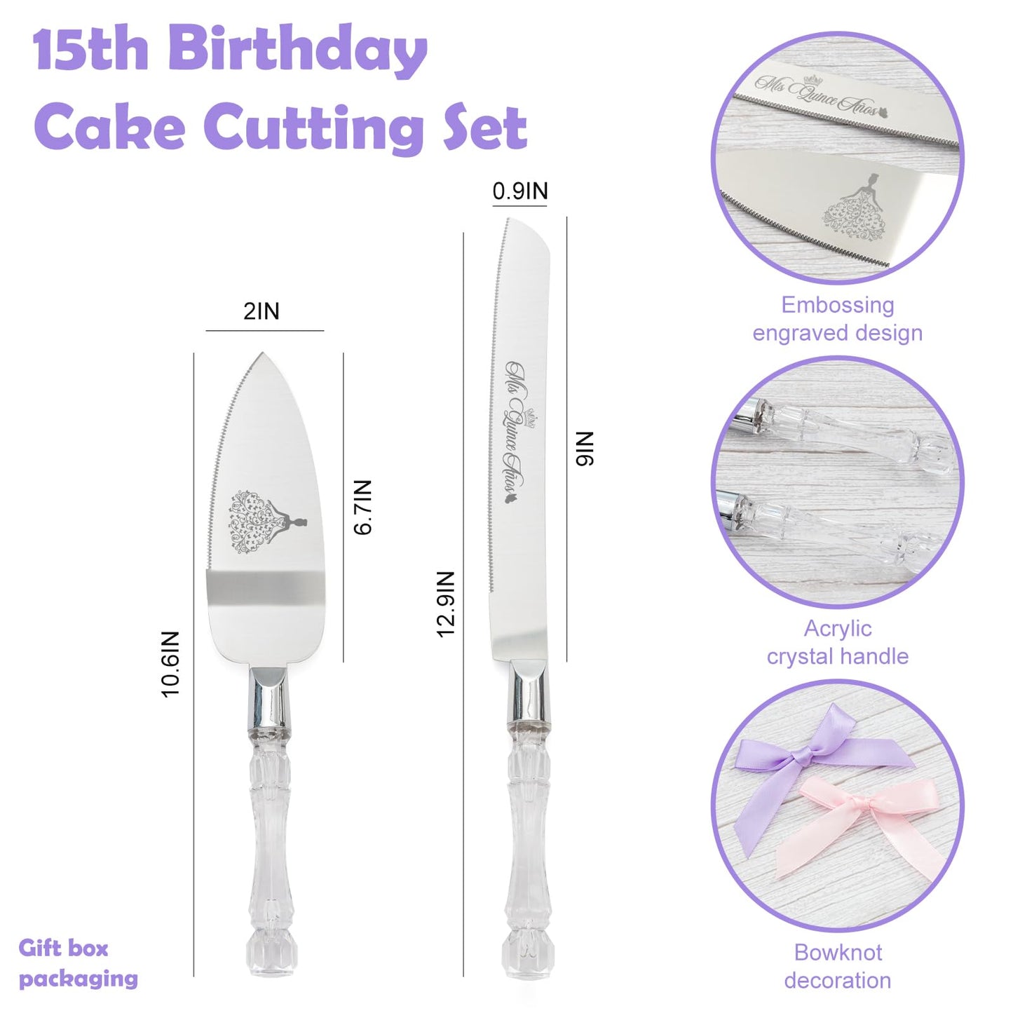 Mis Quince Años Quinceanera Cake Knife and Server Set - Sweet 15 Birthday Gifts for Girls, Feliz 15 Anos Party Decorations & Keepsake, Stainless Steel Cutting Set with Crystal Handles, Silver