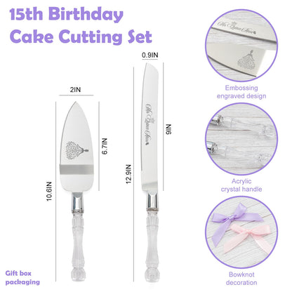 Mis Quince Años Quinceanera Cake Knife and Server Set - Sweet 15 Birthday Gifts for Girls, Feliz 15 Anos Party Decorations & Keepsake, Stainless Steel Cutting Set with Crystal Handles, Silver