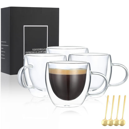 VENVENWEAVS Espresso Cups Set Of 4,Double Wall 5OZ Hand Blown coffee Shots Glass,Espresso Coffee Mugs In Gift Box,Perfect For Espresso,Latte,Cappuccinos,Tea Bag,Juice
