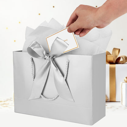 Gfractolux Medium Gift Bags With Tissue Paper, Cards, and Handles - 2 Pcs for Birthdays, Baby Shower, Wedding, Party Favor, Holiday Presents - 11"X7.9"X3.9" (Silver)