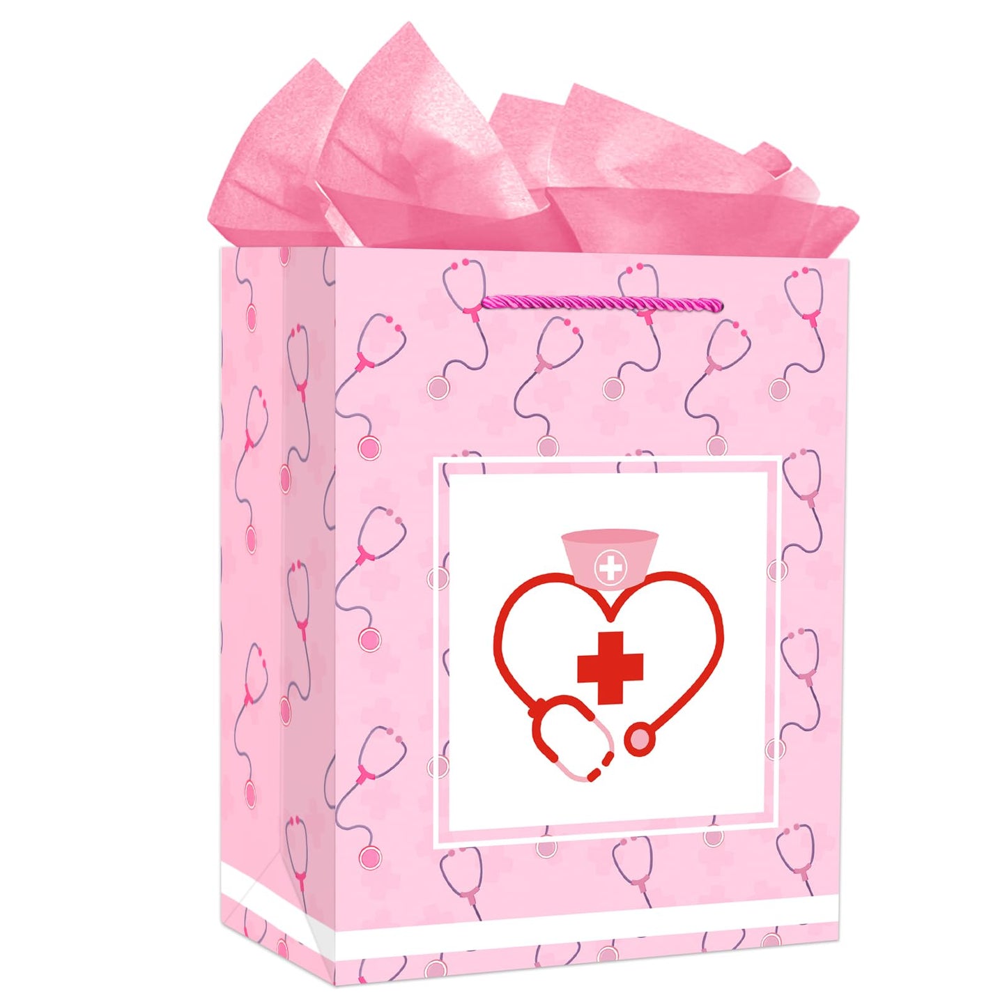 D4DREAM Nurse Graduation Gift Bag - 13" Large Pink Nurse Gift Bag with Tissue Paper for Women Doctor Nursing School Grads Medical School Graduates Perfect for Nurse Week Celebrations