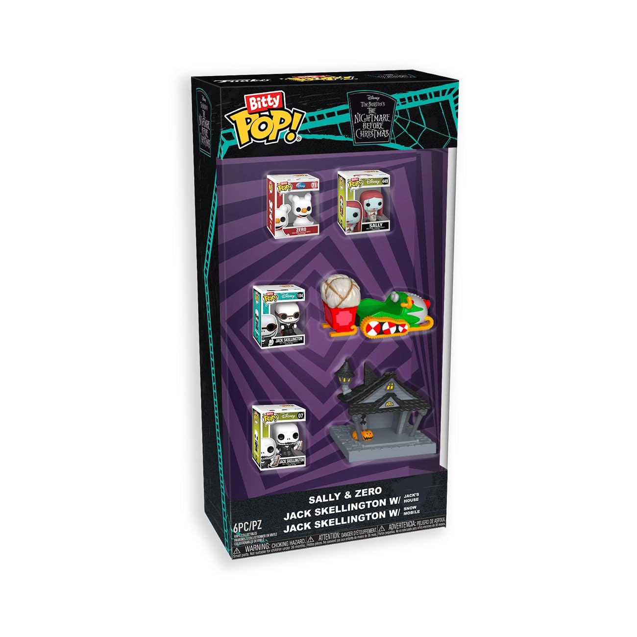 Funko Pop! Starter Set: The Nightmare Before Christmas Bitty Bundle Pack - 6 Pack - Zero, Sally, Jack Skellington, Bitty Ride Snowmobile, and Bitty Town Jack's House - Gift Idea - Disney Fans