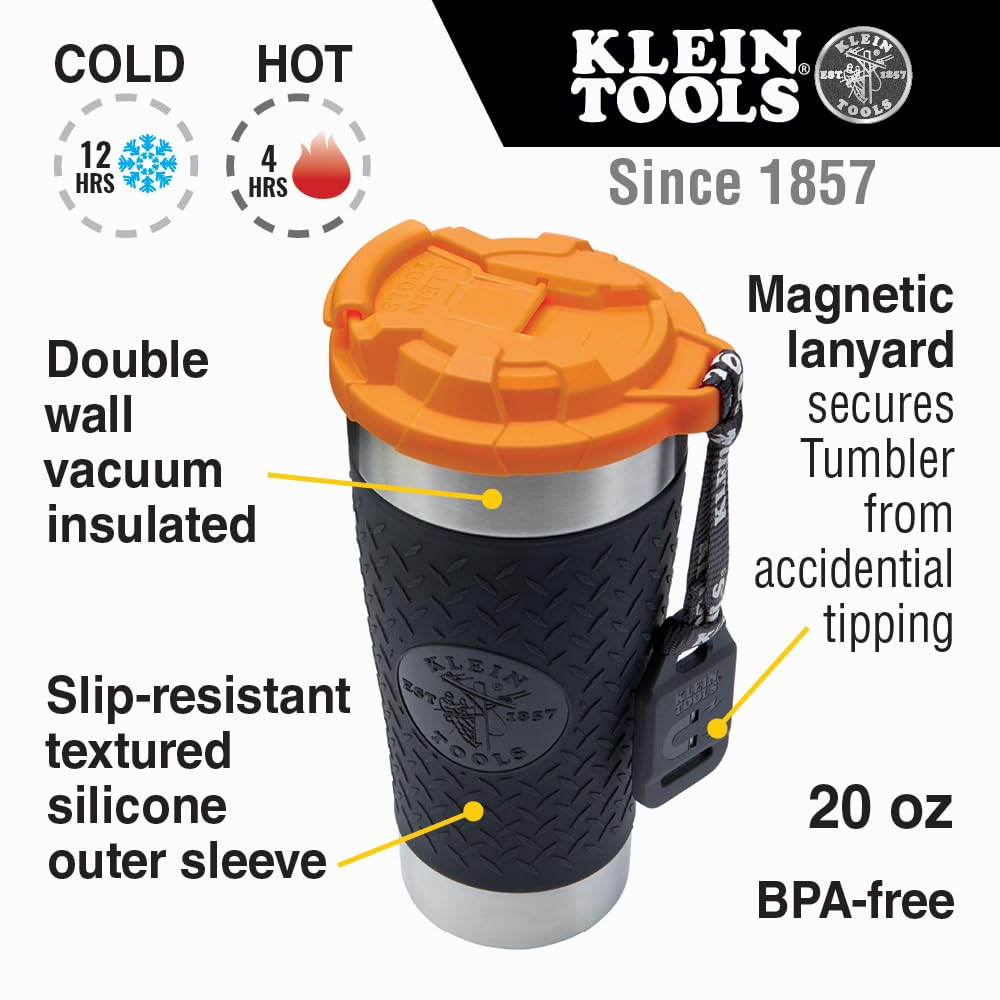 Klein Tools 55580 Stainless Steel Tumbler with Flip-top Lid, Insulated 20 oz. Tradesman's Double Wall Vacuum Mug, Slip-resistant Sleeve