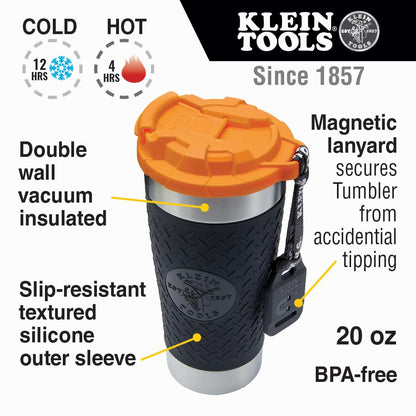 Klein Tools 55580 Stainless Steel Tumbler with Flip-top Lid, Insulated 20 oz. Tradesman's Double Wall Vacuum Mug, Slip-resistant Sleeve