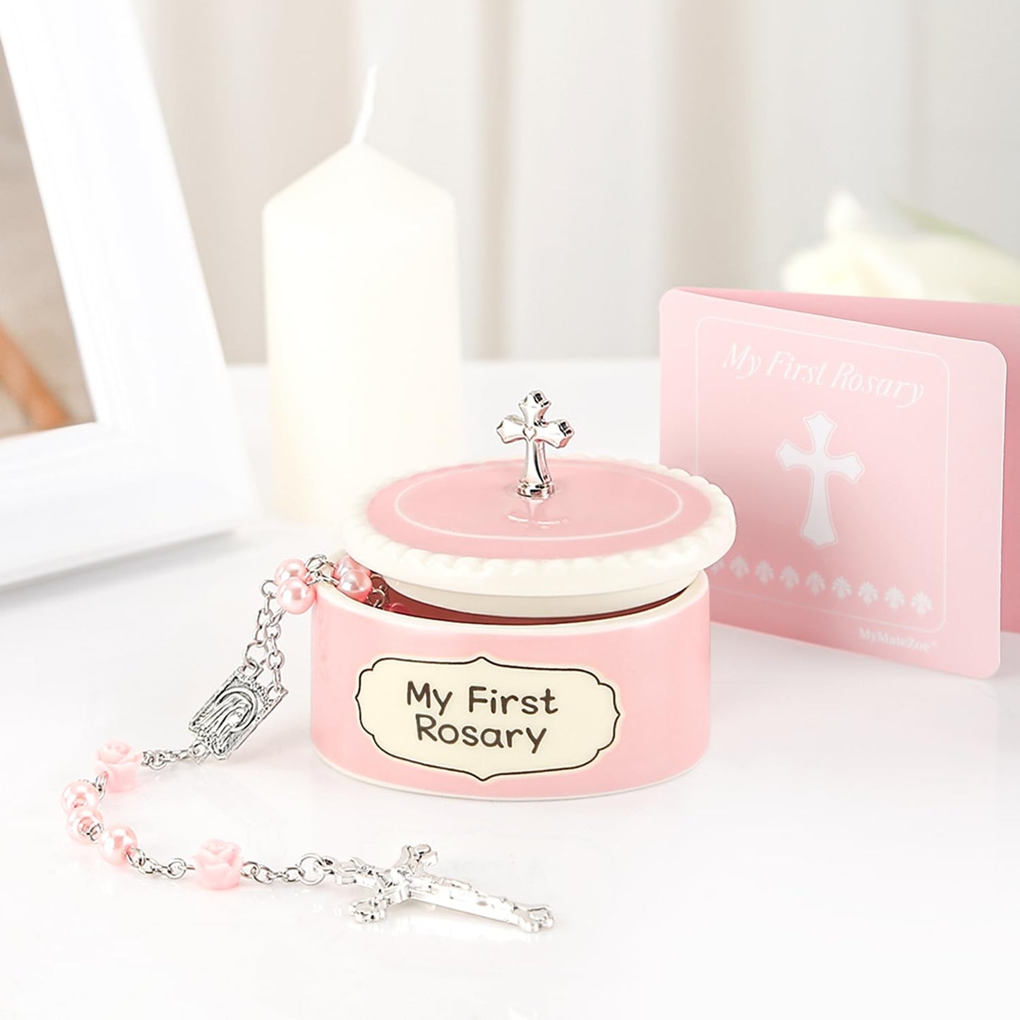 Baptism Gifts for Girl - My First Rosary with Ceramic Keepsake Box, Catholic Christening Gift Set, Pink Rosary for Kids, Baptism, First Communion & Baby Dedication Gifts for Newborn Baby Girls